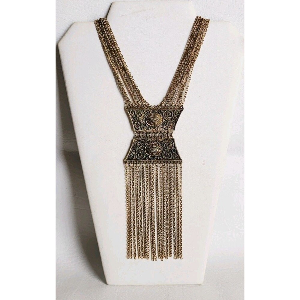 Goldette 70s Large Bold Gold Tone Statement Multi Chain Necklace Dangles